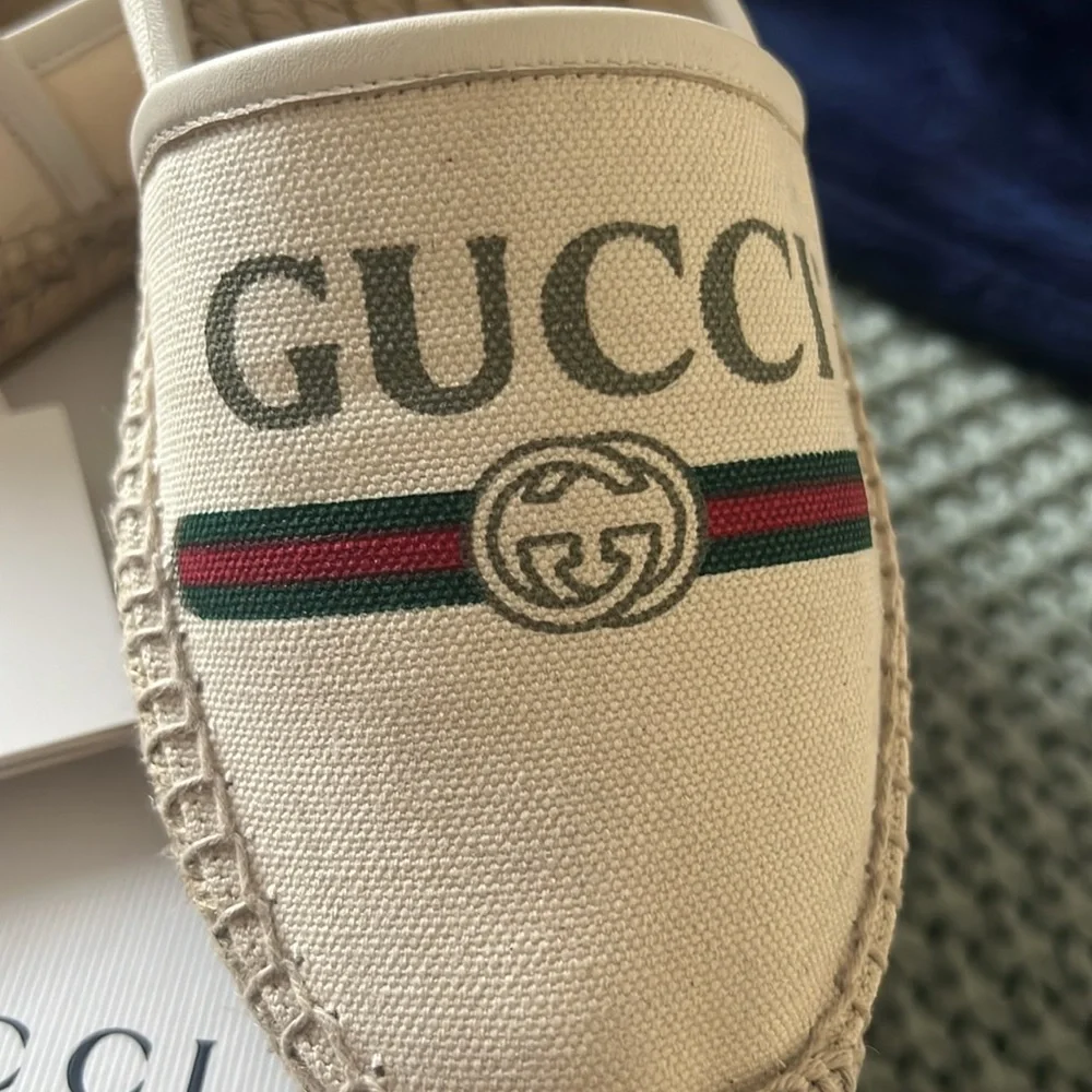 GUCCI Women's GG Logo EU 39 Web cream color Canvas Espadrilles Flats - Picture 3 of 16